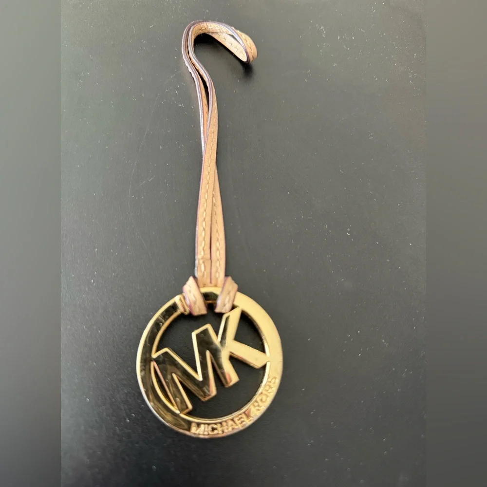 Michael Kors Gold Tone MK Logo Keychain with Tan Leather Strap